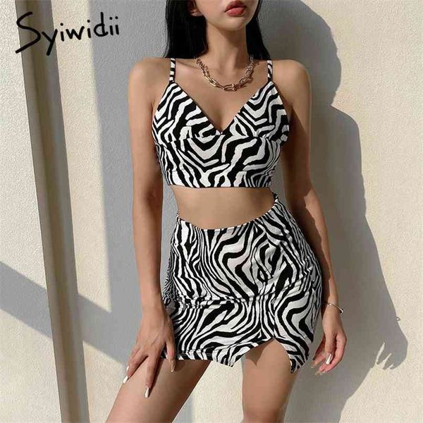 

2 piece skirts sets women zebra pattern outfits tank sweatshirt summer sleeveless v-neck spaghetti crop 210607, White
