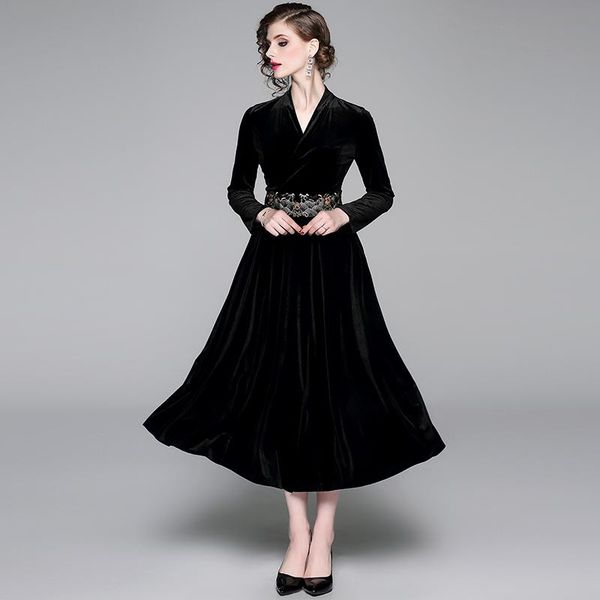 

casual dresses women autumn winter embroidery long velour dress festa designer vintage robe femme maxi evening party vestido bl, Black;gray