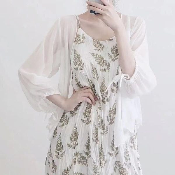

women's blouses & shirts women spring summer chiffon cardigan plain bow tied waist transparent hawaii style casual sun proof cool, White