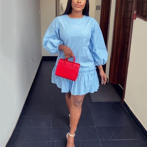 

casual dresses 2021 summer dress for ladies blue lantern sleeve pullovers ruffles loose fashion elegant work business office vestidos, Black;gray