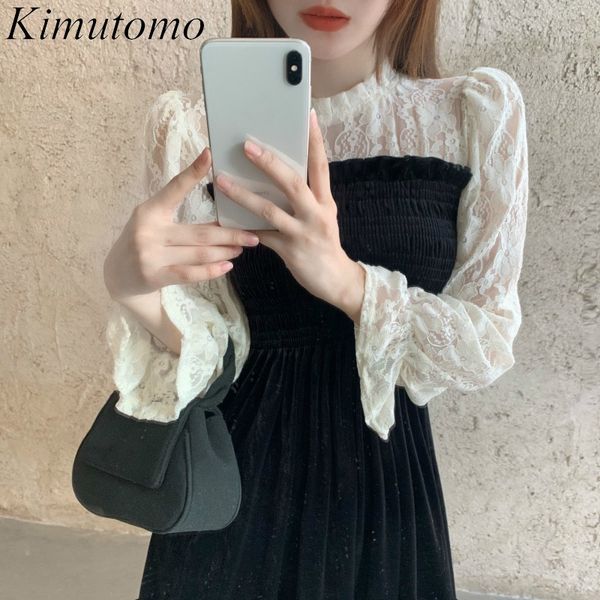 

kimutomo women elegant dress spring autumn french style female o-neck lace patchwork black long sleeve vestidos mujer 210521, Black;gray
