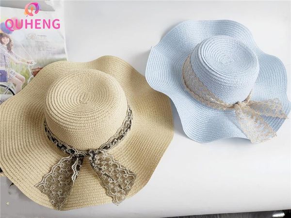 

wide brim hats quheng sun hat ladies lace webbing summer straw sunshade seaside beach sunscreen m161, Blue;gray