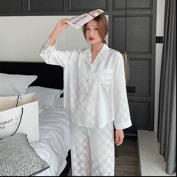 

fashion plaid satins ice silk womens sleepwears pajamas sets korea elegance black long sleeve trousers sleepwear pyjamas 99112, Black;red