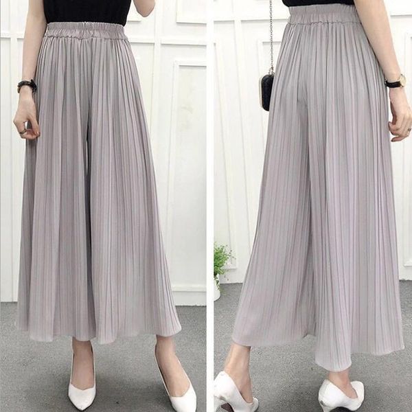 

women's pants & capris 2021 summer pure color breathable pleated wide leg calf high waist loose casual boutique, Black;white