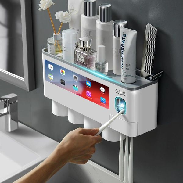 

bath accessory set gunot magnetic adsorption toothbrush holder automatic toothpaste squeezer dispenser wall mount storage rack bathroom acce