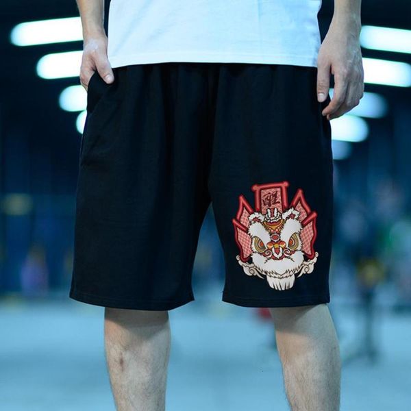 

chinese style shorts men's lion dance trendy brand fat plus size five-point pants trend loose sports, White;black