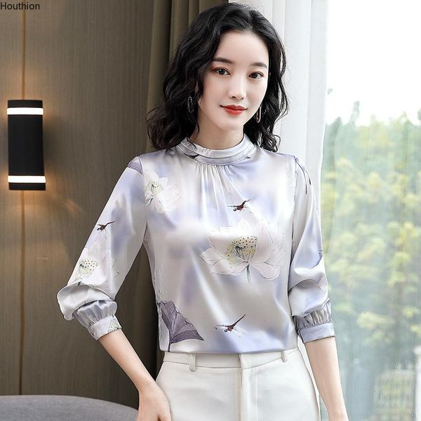 

women's blouses & shirts silk slim casual blouse fashion long sleeve flower stand pullover spring/autumn houthion, White