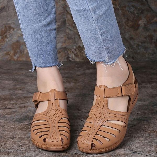 

dress shoes women retro sandals female hollow round toe soft bottom wedges 2021 summer ladies comfortable beach plus size 44, Black