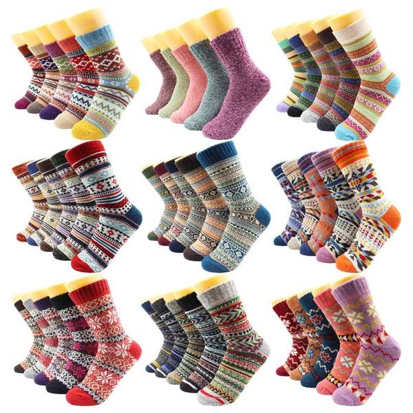 

5 pairs winter warmer women thicken thermal wool cashmere snow socks fashion casual euramerican national wool socks for women 211221, Black;white