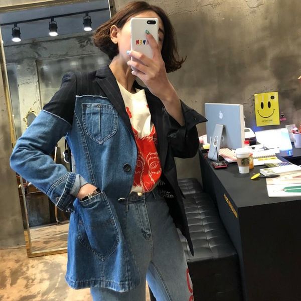 

women's suits & blazers fashion 2021 spring coat denim stitching single-breasted irregular blazer suit jeans jacket, White;black