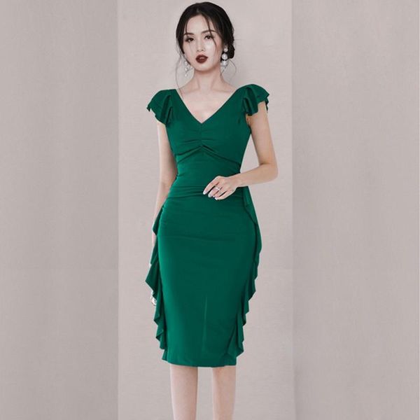 

casual dresses 2021 summer elegant ruffles v-neck pencil dress women's slim sheath bodycon korean office vestidos, Black;gray