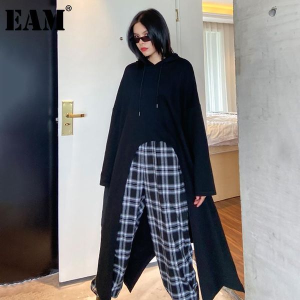 

women's hoodies & sweatshirts [eam] loose fit black irregular long sweatshirt hooded sleeve women big size fashion tide spring autumn 2