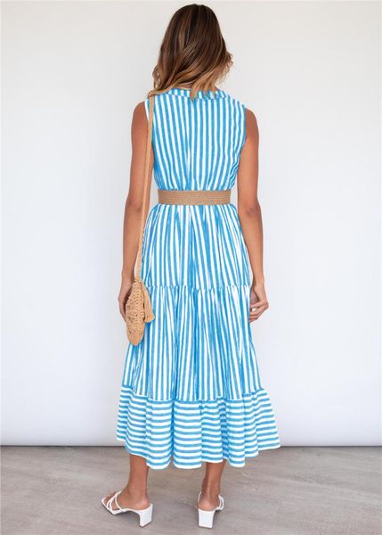 

casual dresses fashion printing stripe v neck loose button type stitching ruffled striped dress lady beach ruffle long yellow vestidos, Black;gray