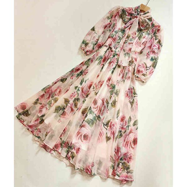

moaayina spring summer fashion designer dress women dress bow collar rose floral-print elegant vacation chiffon dresses, Black;gray