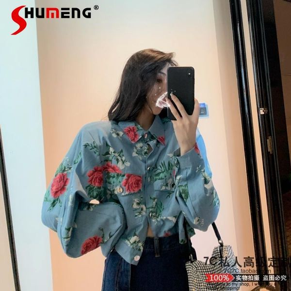 

women's blouses & shirts 2021 summer retro flowers padded shoulder ladies denim shirt women fashion loose breasted long sleeve printed, White