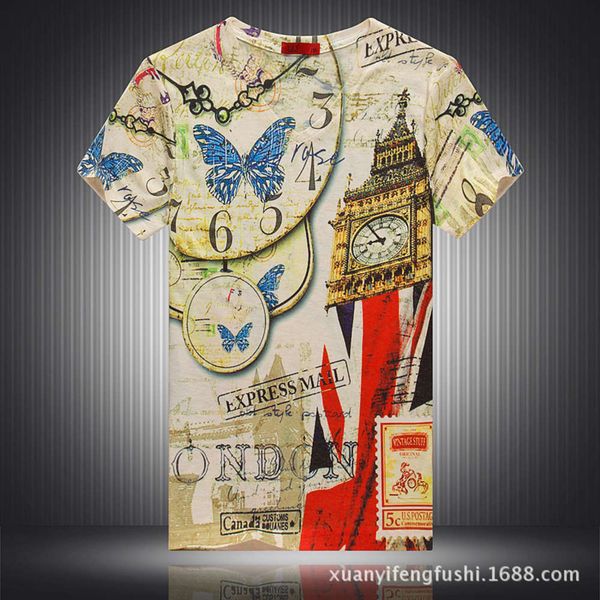 

special british summer men's v-neck short sleeve t shirt personalized butterfly clock tower design digital printing trend, White;black