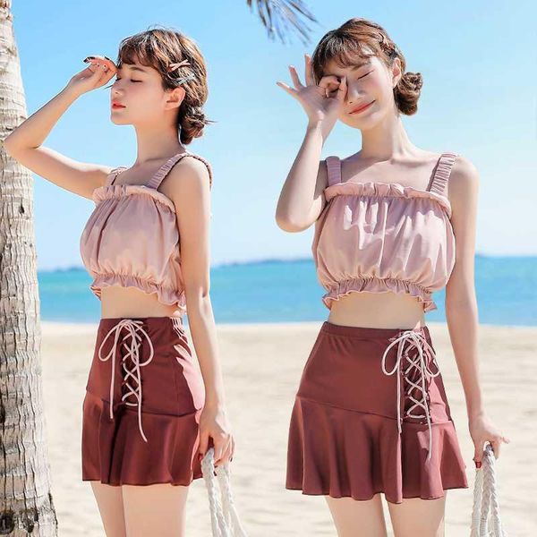 

one-piece suits 2021 korean solid bikini swimwear women bandage two pieces swimsuit beachwear biquini set swimskirt