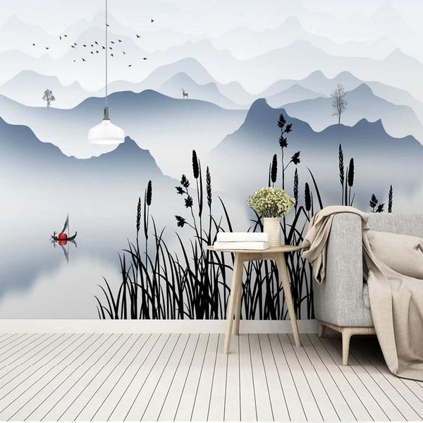

wallpapers custom self-adhesive wallpaper chinese style abstract artistic conception ink landscape home decor wall sticker papel
