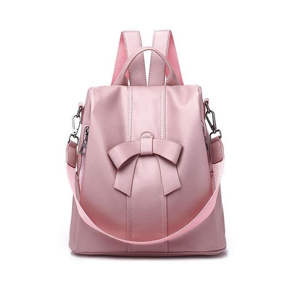 

backpack women's shoulder soft leather sweet lady bow casual travel backpack, pink