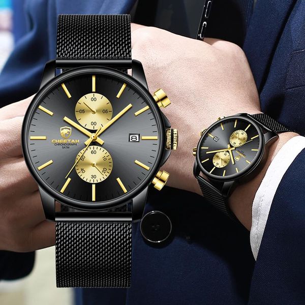

wristwatches mens watches cheetah fashion quartz watch for men luxury stainless steel chronograph waterproof wristwatch relogio masculino, Slivery;brown