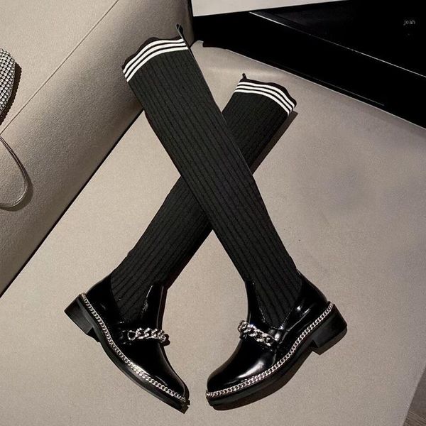 

british metal chain knitting knee high boots for women leather patchwork wool college loafers knight black block low heels1