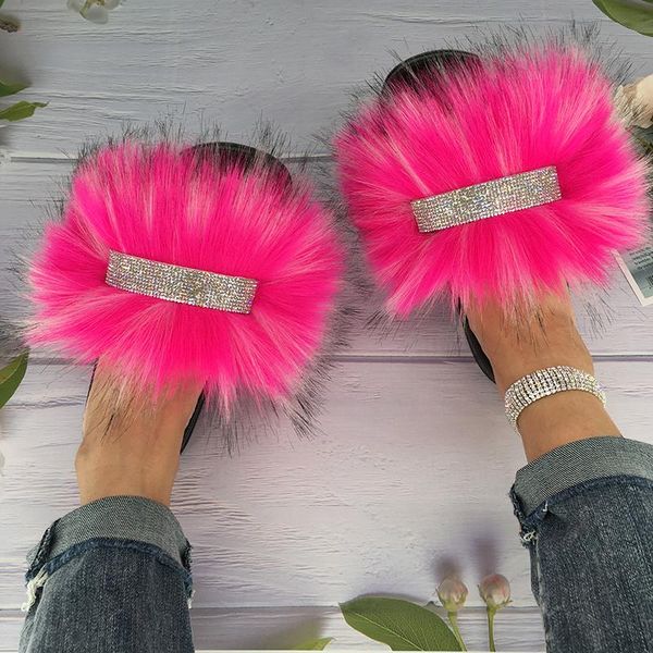 

slippers furry slides for women fluffy house crystal bling faux fur flip flops ladies summer sandals female shoe 2021, Black