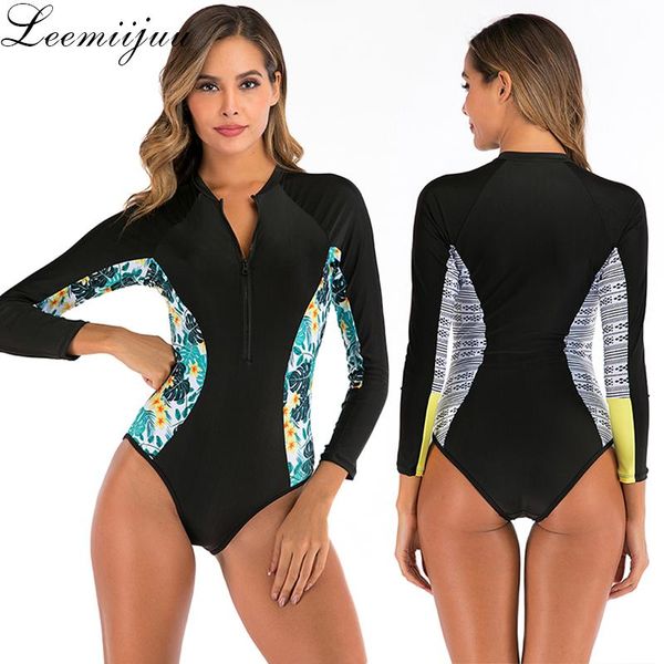 

one-piece suits leemiijuu 2021 zipper one piece swimsuit long sleeve swimwear women bathing suit vintage surfing swim