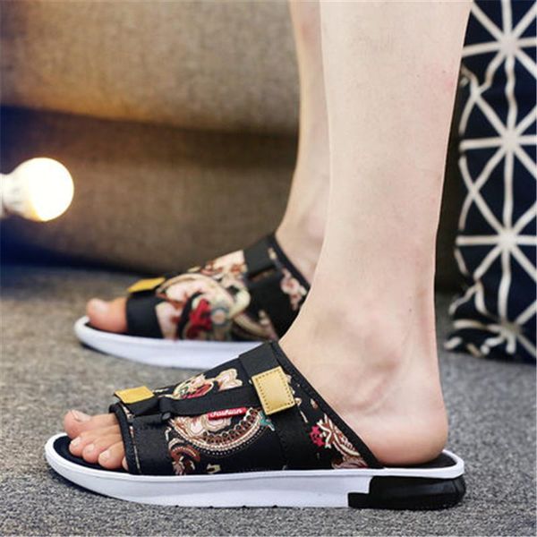 

slippers mens slipper men hombre vintage slides man shoes sewing patchwork rubber summer fashion outside casual beach, Black