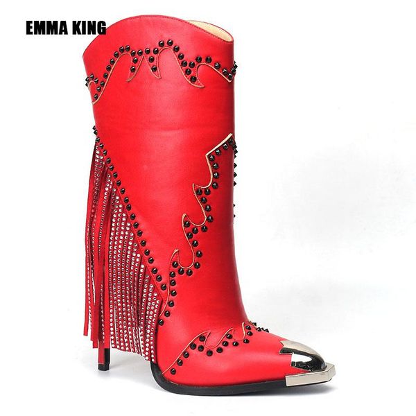 

women fashion mid-calf boots lady red blingbling crystal decoration booties spring tassel high heels 2021, Black