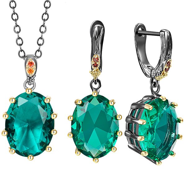 

2pcs sets necklace/earrings with big oval green zircon gun black+gold 2 tone plating trendy charming jewelry for women, Silver