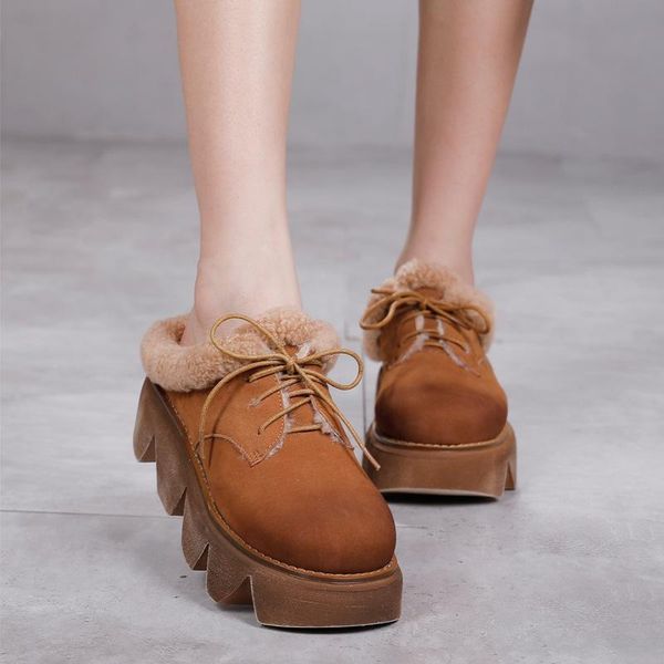 

original genuine leather warm plush slippers thick heel fur women outdoor wool winter snow platform sandals indoor shoe, Black