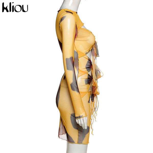 

2021kliou mesh fabic tied front hollow out printed mini dress women see through stretchy skinny tassel ruffles party clubwear, Black;gray