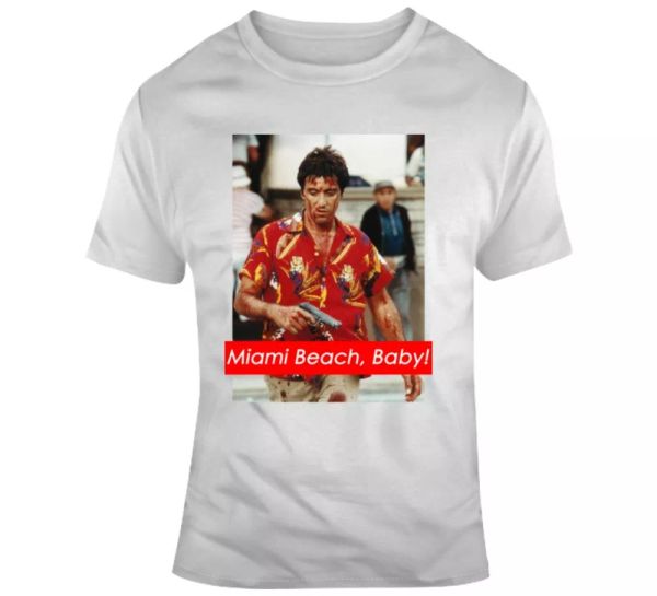 

tony montana miami beach scarface 80s movie parody fan t shirt, White;black