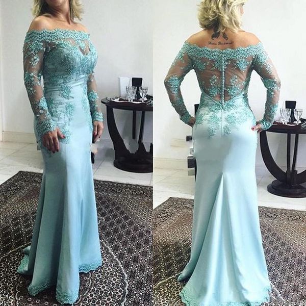 Elegante fuori spalla pizzo Appliqued Abito da mamma Sheer maniche lunghe guaina sirena madre degli abiti da sposa su misura