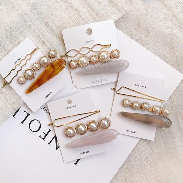 

hair clips & barrettes 3pcs women set pearl pins korea big acrylic gold clip headpiece girls headwear fashion accessories 2021, Golden;silver