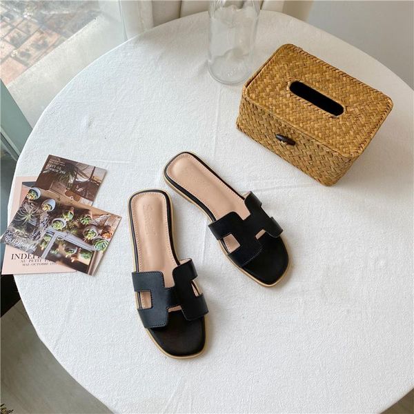 

fashion classic natural leather slippers ladies sandals flat shoes size 34-42, Black