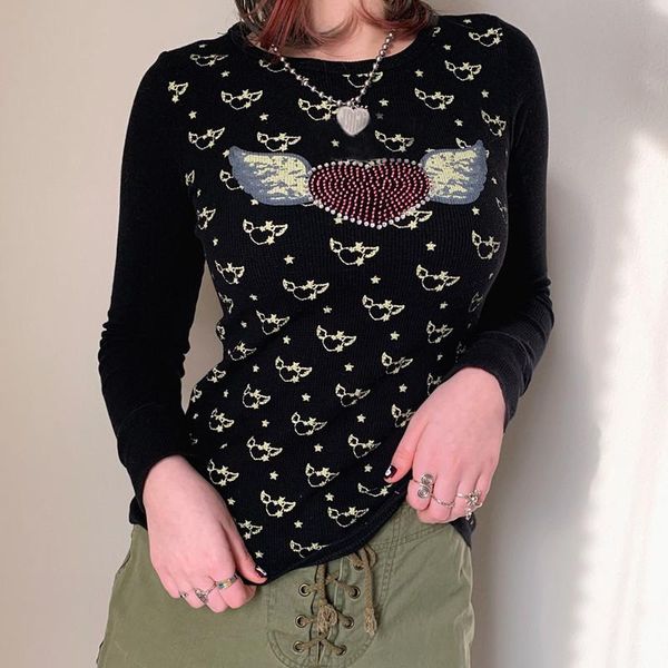

women's t-shirt fashion tube autumn slim-fit adults rhinestone love pattern long sleeve round neck pullover streetwear y2k, White