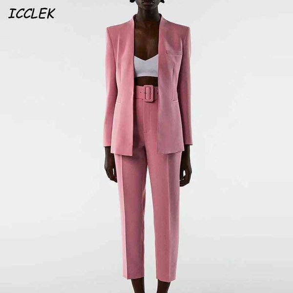 Za calças terno feminino workwear outfits tailleur femme conjuntos de mangas compridas rosa casacos mulheres casacos de escritório senhoras elegante chique 211118