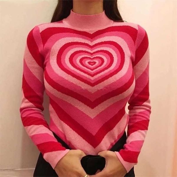 Amore maglione a righe colore abbinato arcobaleno retrò collo alto pullover sottile donna autunno Y2K rosa a forma di cuore lavorato a maglia 211011