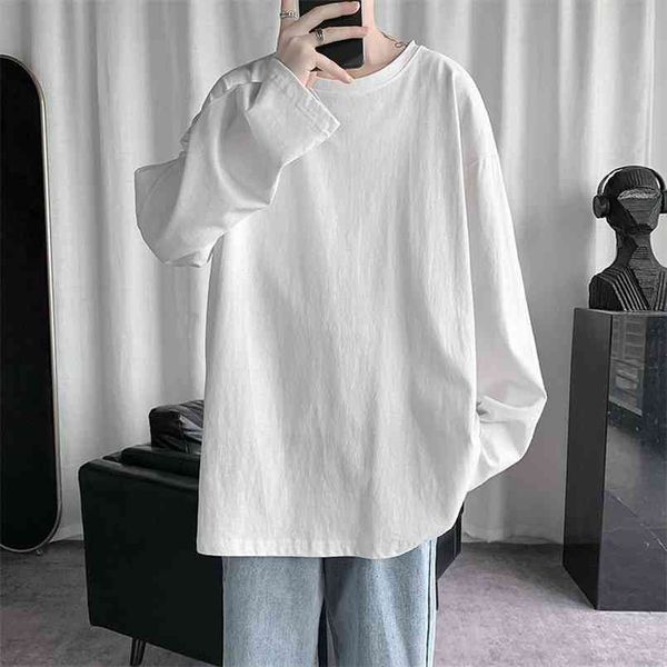 

hybskr spring men's t-shirt solid color basic t shirt round neck long sleeve tshirts korean couple women man casual tees 210721, White;black