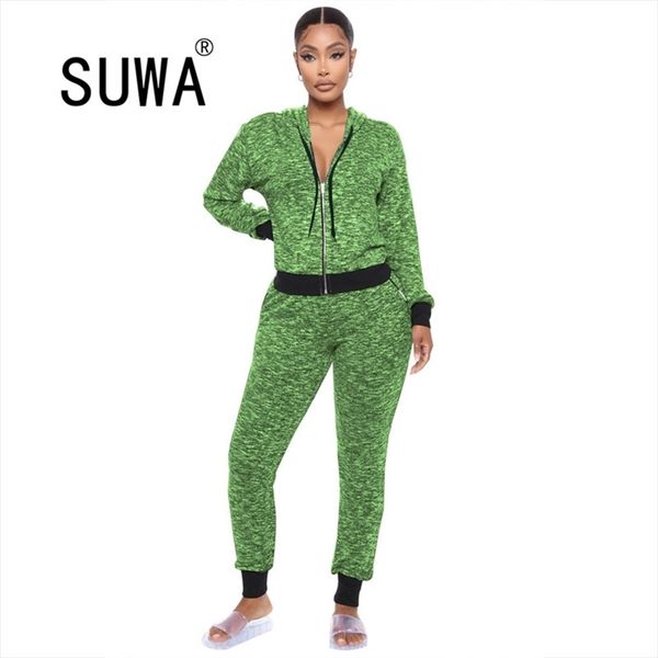 

green printed track suit for women two piece outfits zipper long sleeve jacket vintage pants casual home wear matching sets 210525, White