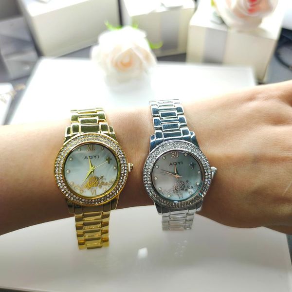 

wristwatches large watch for women white and gold trendy flower dial crystal metal watches, Slivery;brown