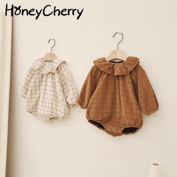 

spring and autumn baby romper climb plaid romper girl clothes boy 210515, Blue