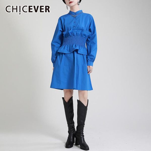 

casual dresses chicever patchwork frill trim dress for women stand collar long sleeve high waist solid mini female summer clothing 2021, Black;gray