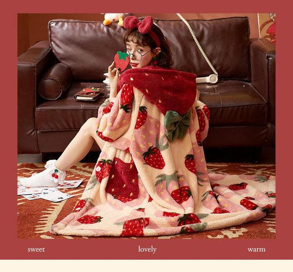 

women's sleepwear coral fleece nightdress hooded autumn and winter warmth padded nightgown can be worn outside sweet strawberry, Black;red