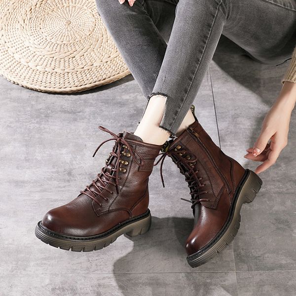 

boots thick heel women round toe winter medium genuine leather boots ladies, Black