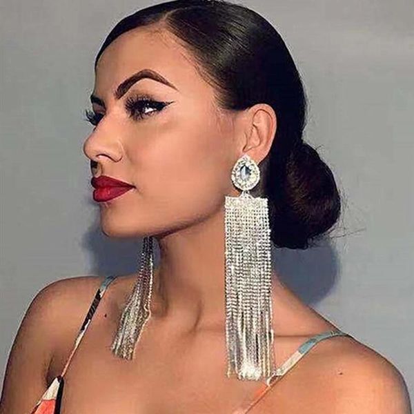 

dangle & chandelier ins exaggerated rhinestone tassel chain long earrings party jewelry for women shiny crystal dress statement drop, Silver