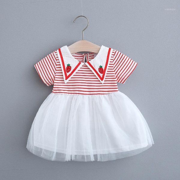 

summer strawberry mesh girls dress striped casual kids baby turn-down collar short sleeve, Red;yellow