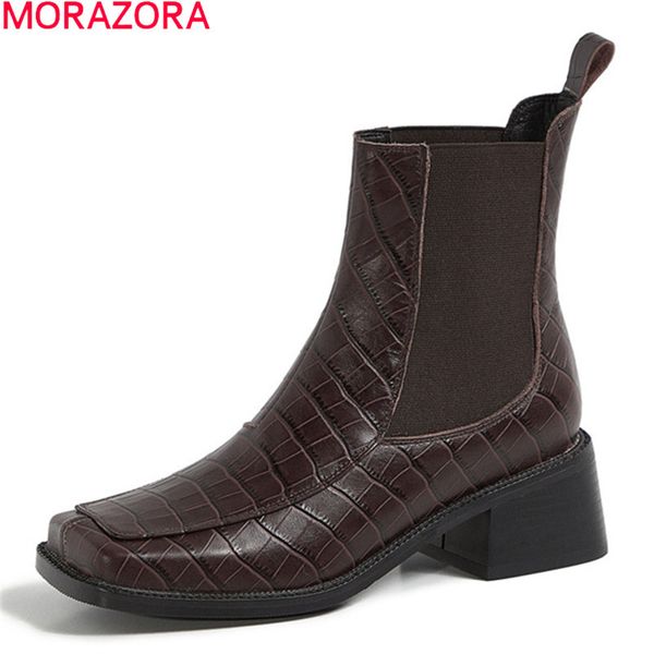 

morazora arrival genuine leather boots thick heels square toe ladies shoes autumn winter ankle boots for woman 210506, Black