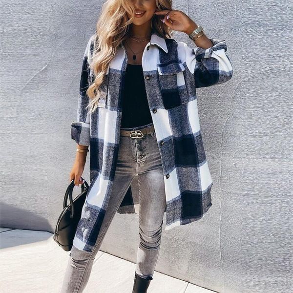 

women's jackets plaid print shirt coat pocket patch patchwork buttons loose long sleeve female high street wear, Black;brown